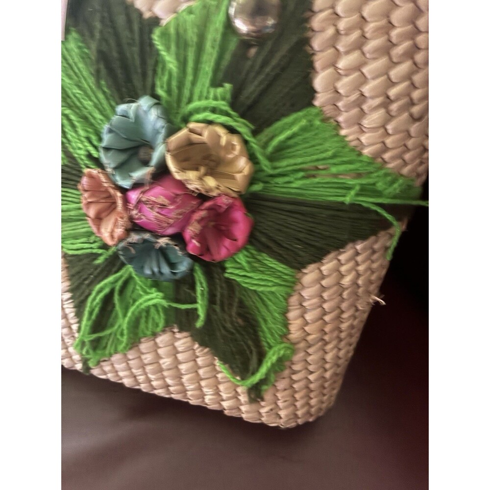 Vintage 1960s Mexican Woven Straw Basket Purse 3D Palm Leaf Flowers MCM Tote Bag - Picture 5 of 9